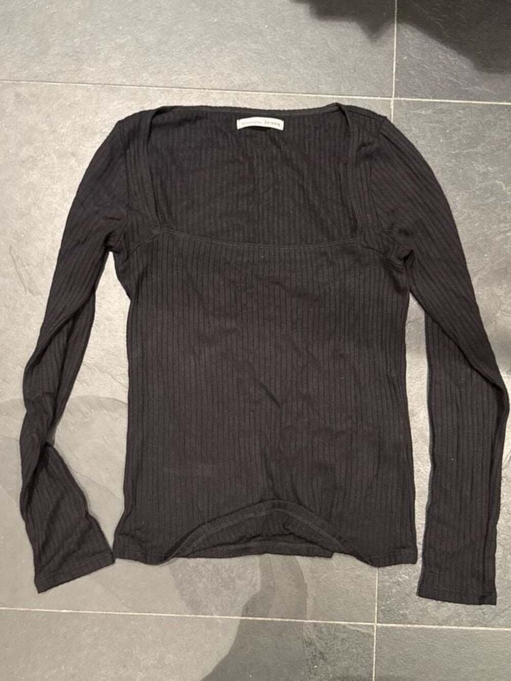 Reformation Jeans Black Ribbed Square Neck Long Sleeve Top